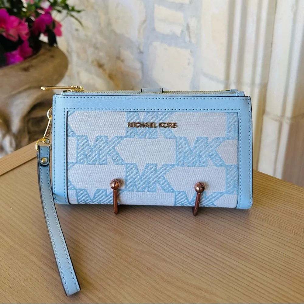 Michael Kors Mirella Graphic MK sky blue satchel Handbag&wallet NWT Authentic - Picture 11 of 14